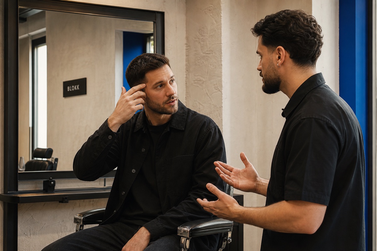 Barber bespricht Wünsche mit Kunde bei BLOKK